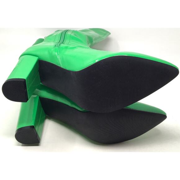 Bold Green Faux Glossy Patent Knee High Chunky Heel Zip Boots Women's Size 9 - Picture 6 of 6